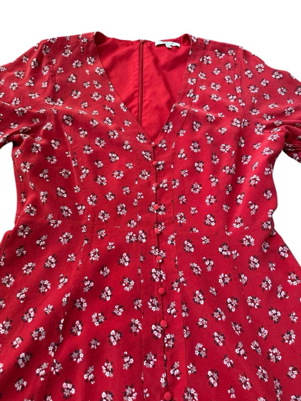 MADEWELL Red and White Floral Silk Button Front Ruffle Sleeve Silk Mini Dress - Picture 4 of 6